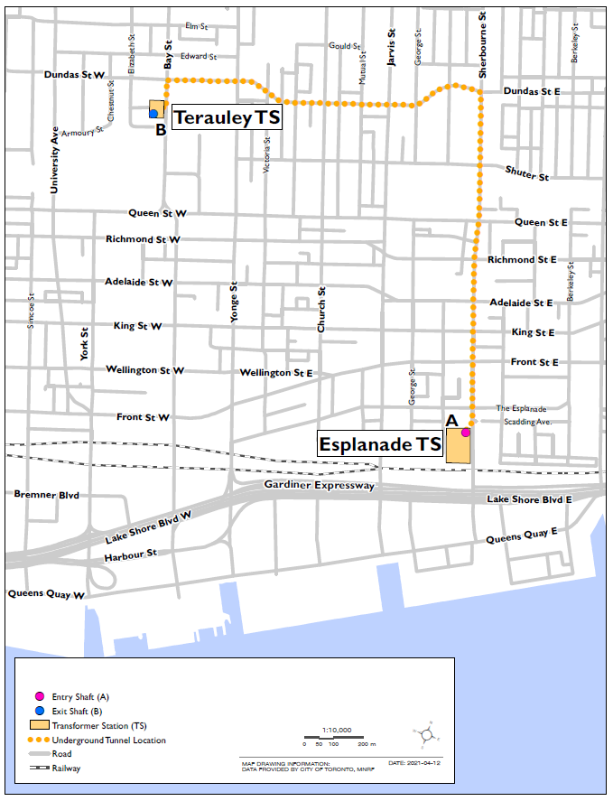 Map of the Power Downtown Toronto Project preferred route