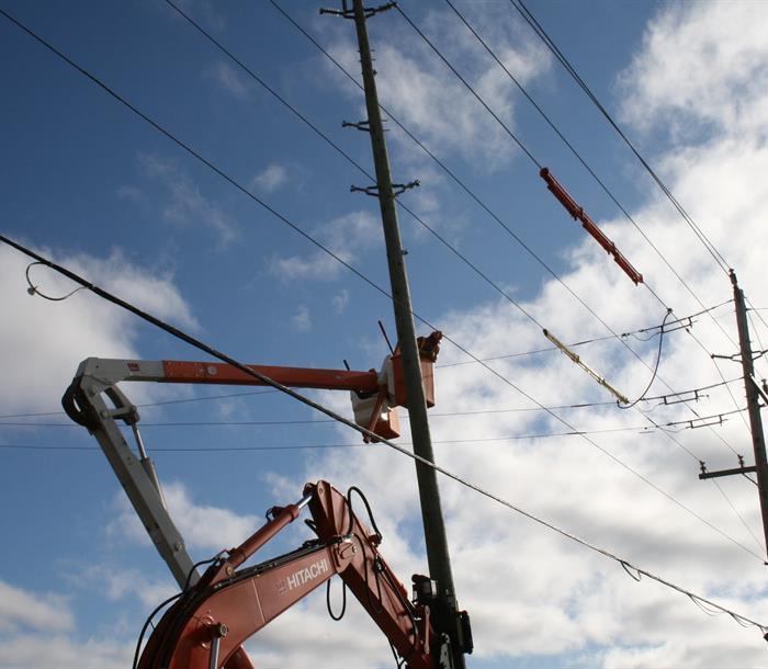 Image of a wood pole being worked on by Hydro One employees 