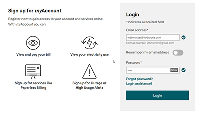 screenshot of the myAccount log in screen