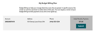 screenshot of the Budget Billing sign up button