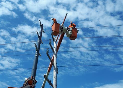 photo of Hydro One workers doing work on a distribution pole