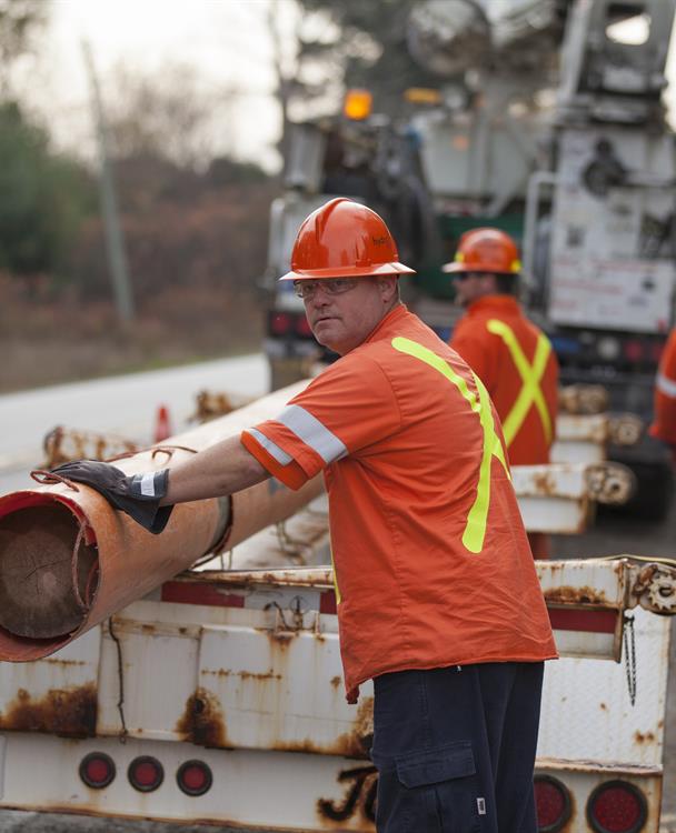 photo of a Hydro One worker replacing a wooden distribution pole