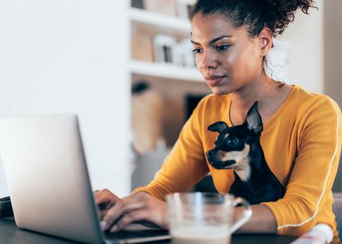photo of a woman using a laptop computer with a little dog in her arms