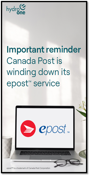 image of the Hydro One bill insert with the headline: Important reminder - Canada Post is winding down its epost service