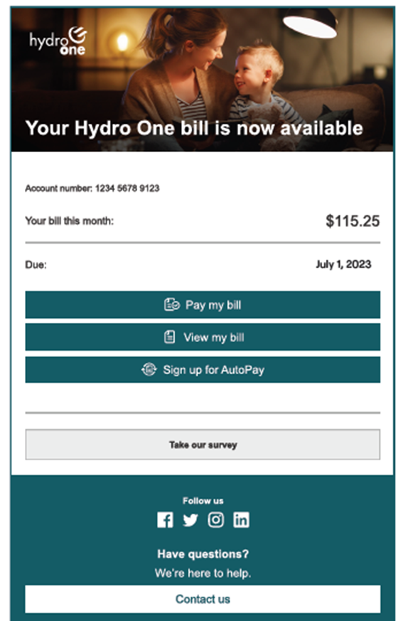 screenshot example of an eBill Notification from Hydro One