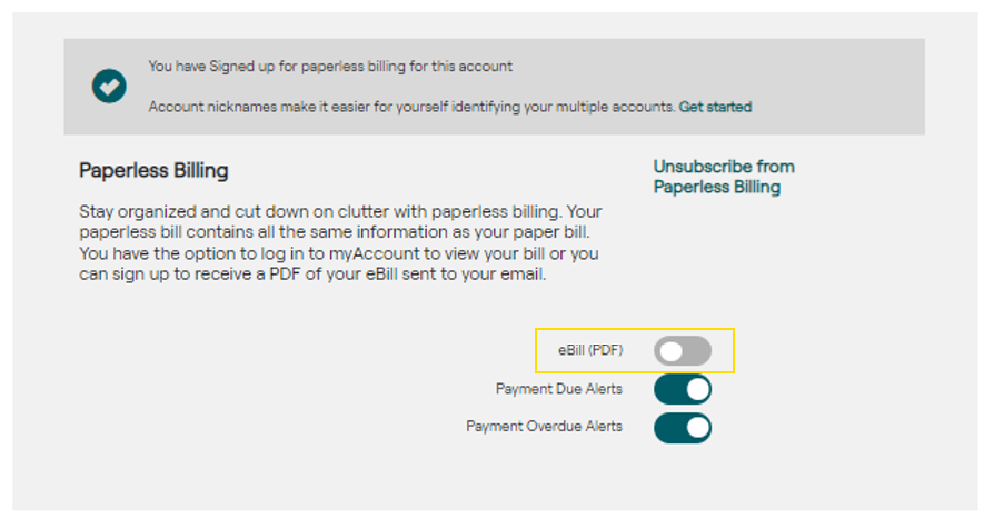 screenshot of the eBill signup section and PDF toggle button in myAccount