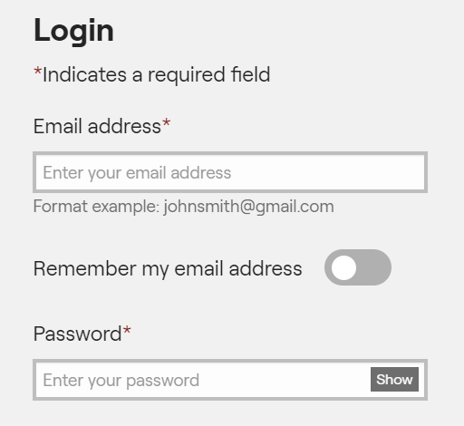 screenshot of the login page