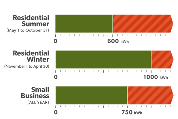 Summer 2023 Tiered demand and pricing periods: Summer period from May 1 to October 31 with Tier 1 threshold of 600 kilowatt hours per month, Winter period from November 1 to April 30 with Tier 1 threshold of 1,000 kilowatt hours per month, and Small business year-round with a Tier 1 threshold of 750 kilowatts per month