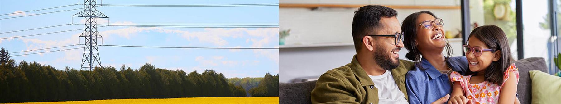 Split image of a field with powerlines connecting to a another split image of a family at home.