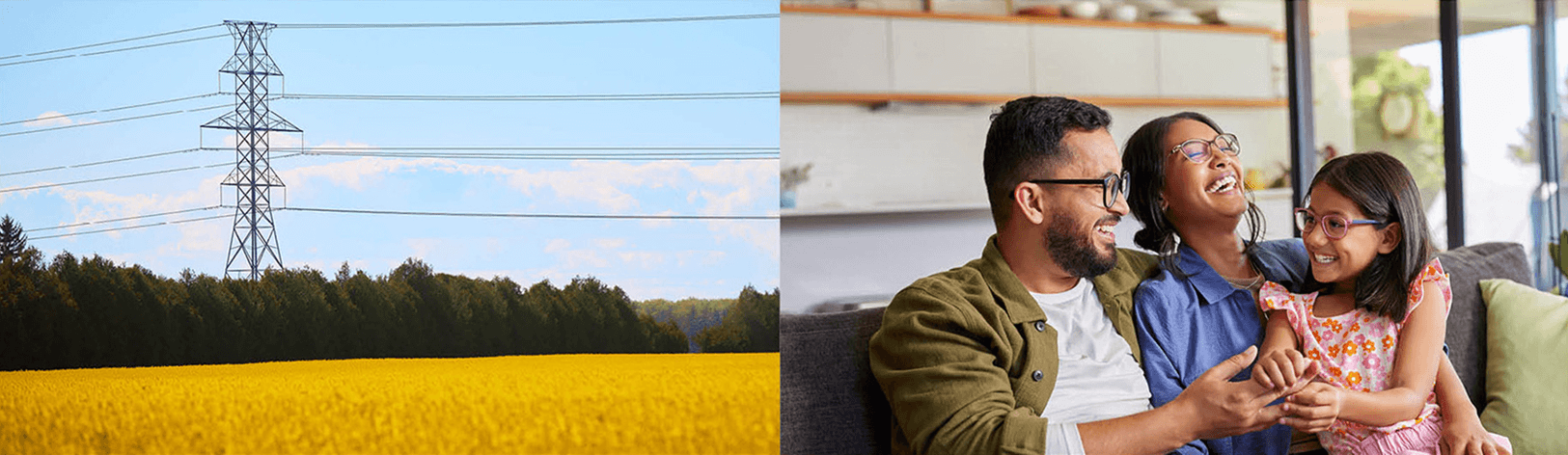 Transmission towers and a family sitting on a couch laughing together