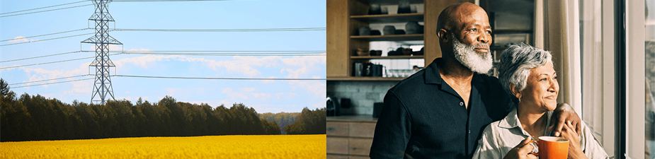 Split image of a field with powerlines connecting to a another split image of a family at home.