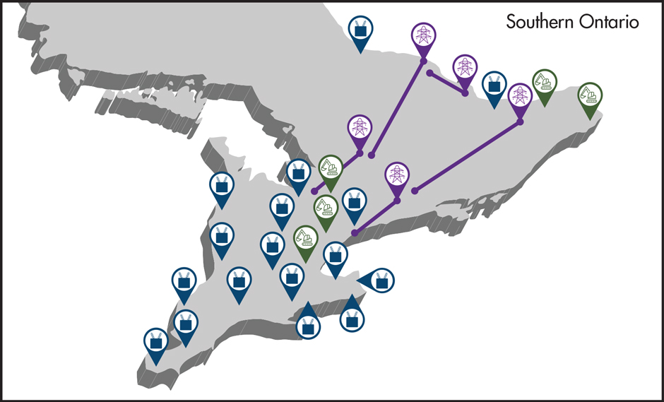 Map of major transmission projects in Southern Ontario