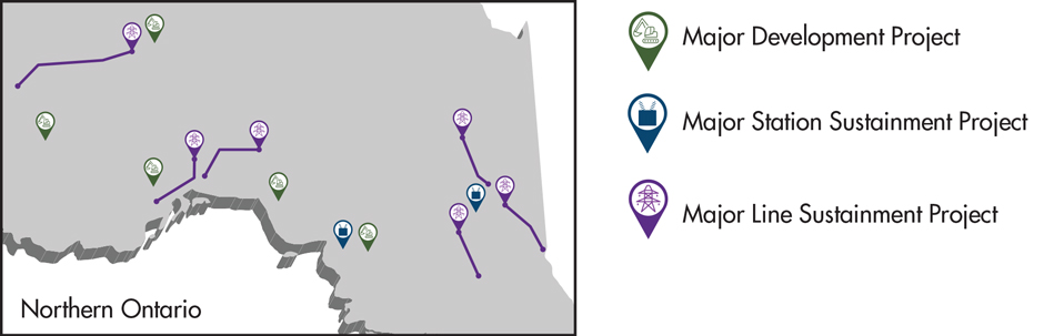 Map of major transmission projects in Northern Ontario, plus legend