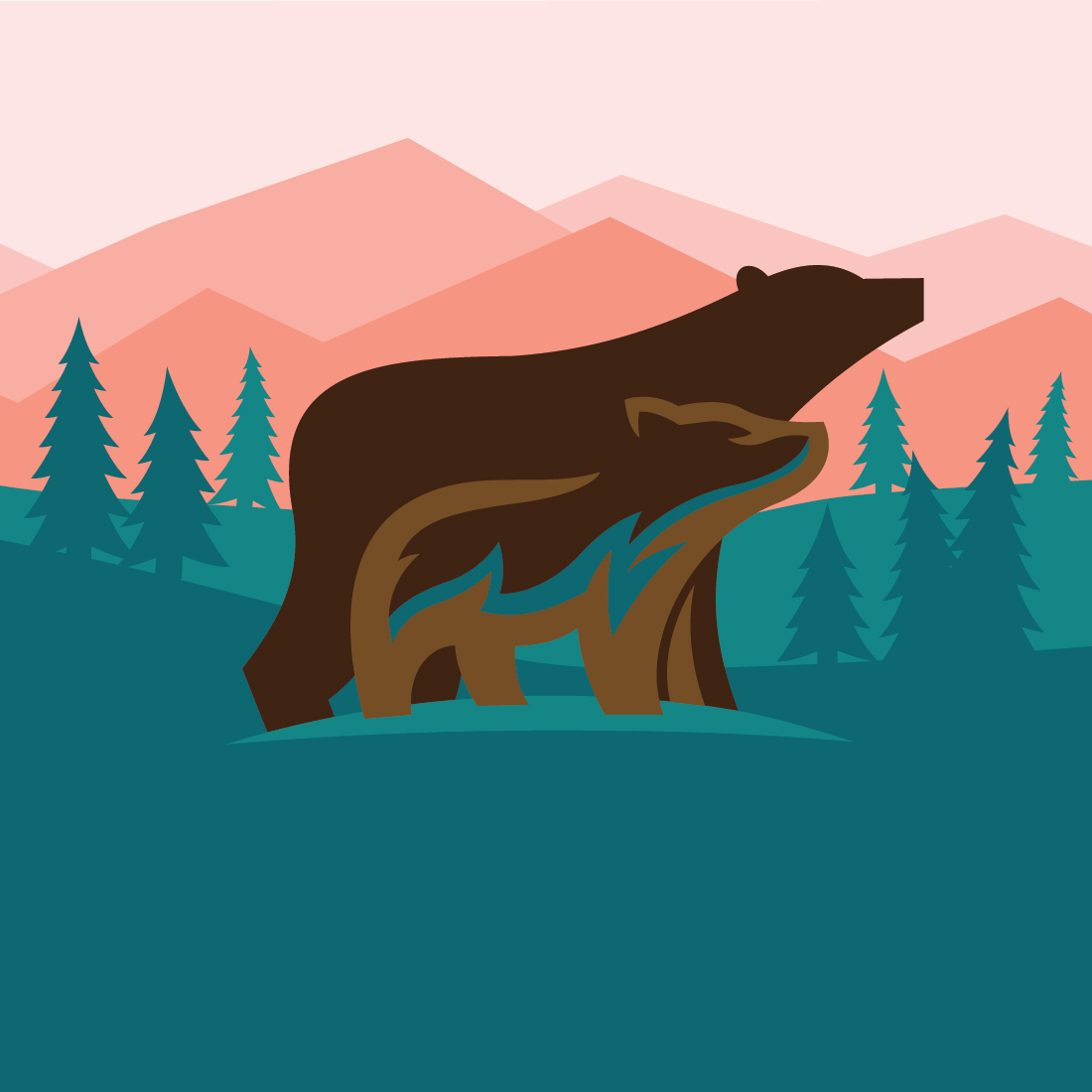 Vector image of two grizzly bears in the forest.