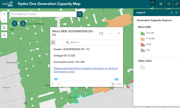 Screenshot of the Feeder Information and Generation Connection Limit section of the Generation hosting capacity map