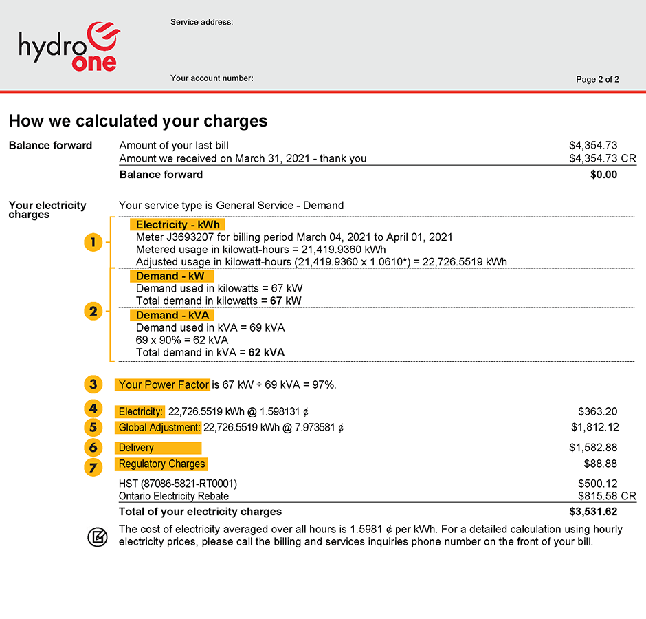 Hydro One business customer bill - Page 2 - Sample 