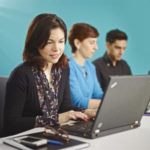 photo of a group of 3 professionals sitting beside each other working on their laptops