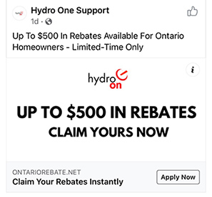 screenshot of a fraudulent Facebook ad from September 2021 offering fake rebates of up to $500 for Ontario homeowners