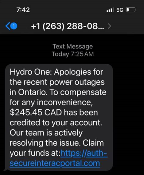 screenshot of a fraudulent text message scam from February 2024 offering a refund related to a recent power outage