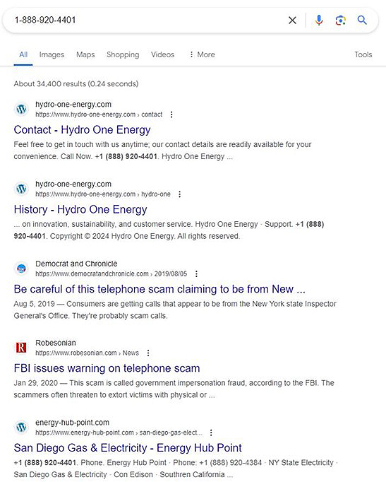 screenshot of a the fraudulent phone number being searched on Google