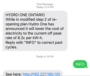 screenshot of a fraudulent text message scam from February 2022 offering rate relief on past Hydro One bills