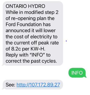 another screenshot of a fraudulent text message scam from February 2022 offering rate relief on past Hydro One bills