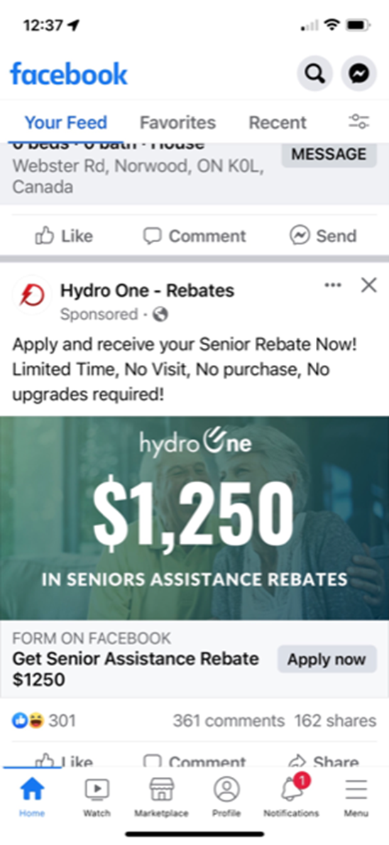 screenshot of a fraudulent Facebook senior rebate