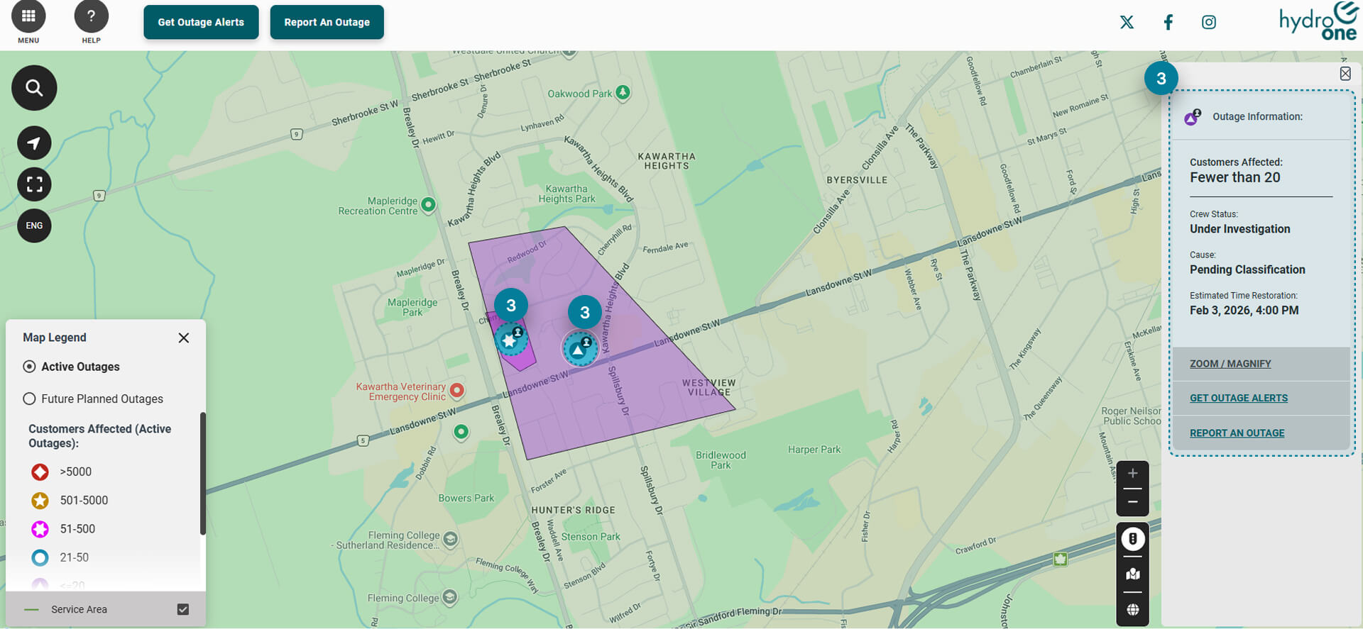 Hydro one Outage map screenshot
