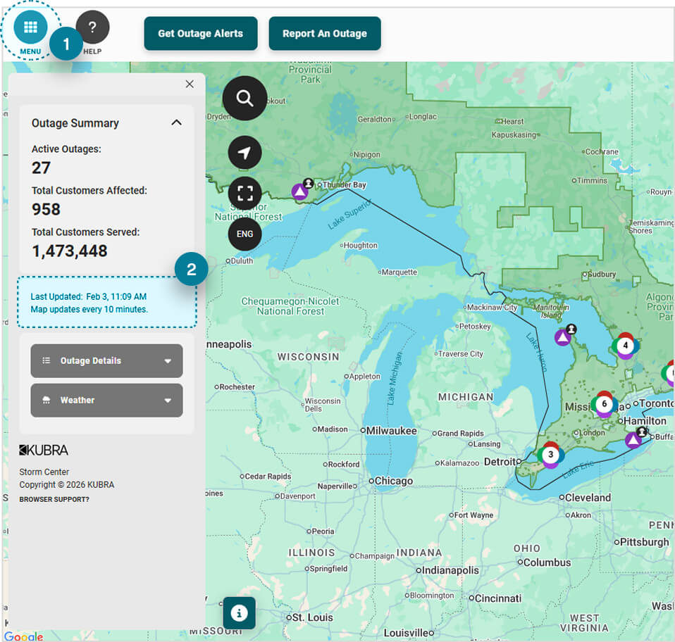 Hydro one Outage map screenshot