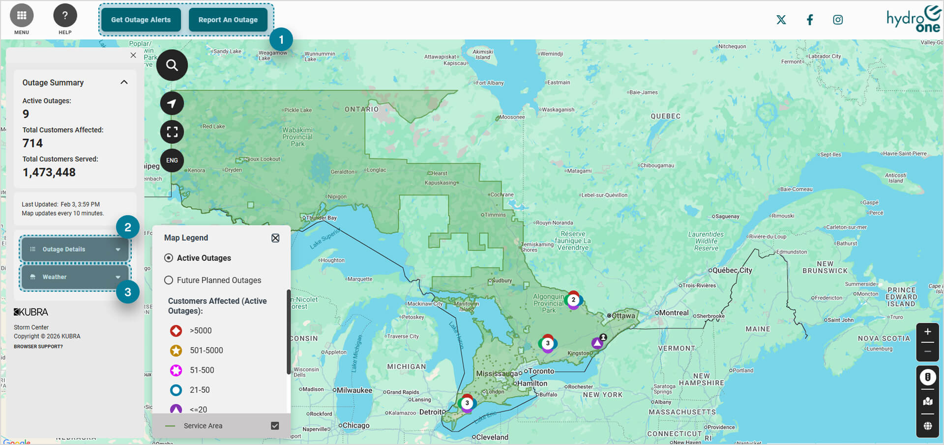 Hydro one Outage map screenshot