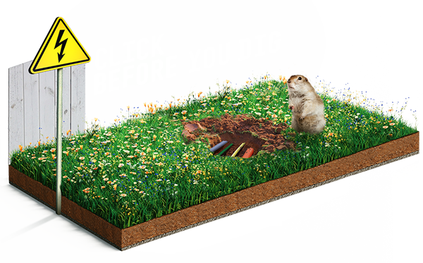Image of a gopher digging a hole in a grass with power lines inside, and the words Click Before You Dig above it