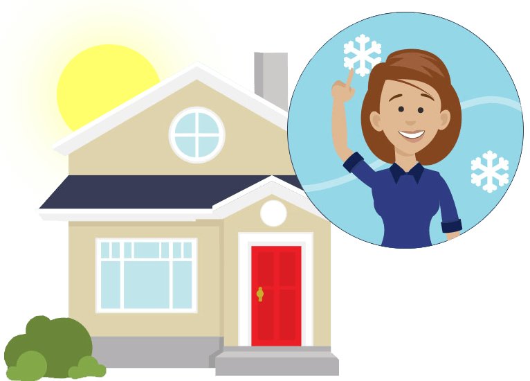 Sun over a home. Woman popping out of the home with a snowflake in the background.