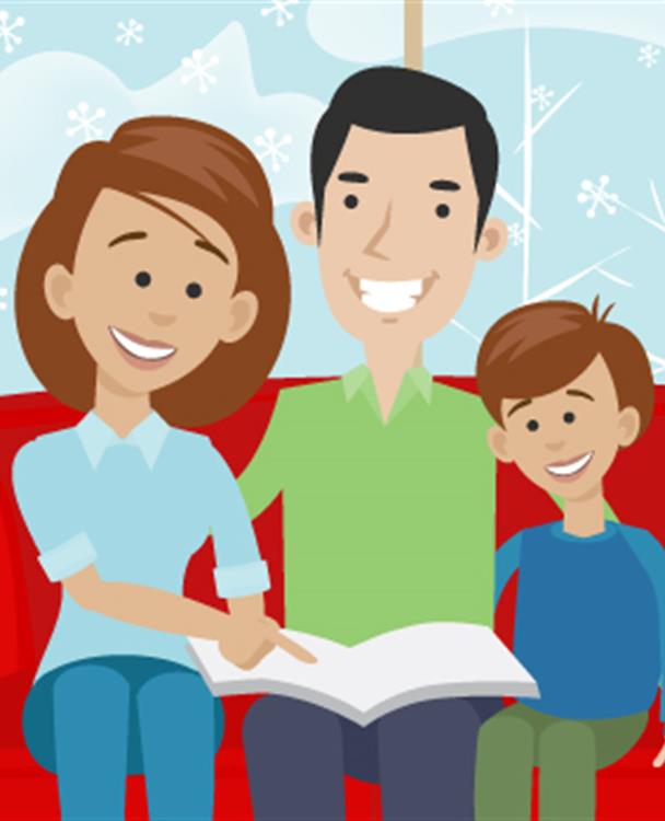Illustration of a family sitting on a couch in winter