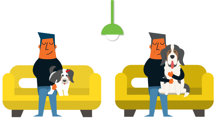 Illustration image of a man holding a dog in his lap while sitting on a couch