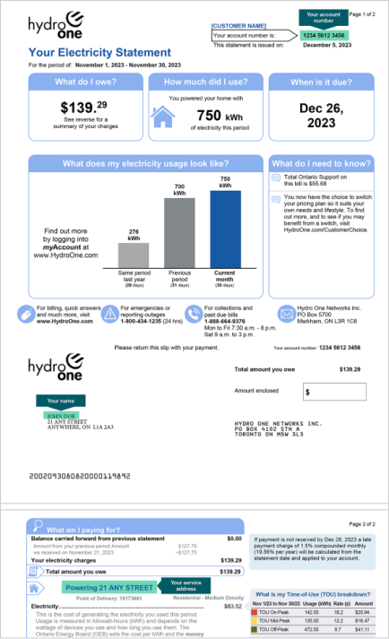 Hydro One bill statement