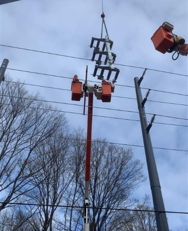 Photo of Hydro One crews installing new smart devices to enhance power reliability in Minden, Ontario