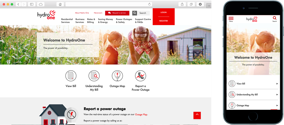 Hydro One website on Mobile and Desktop devices.